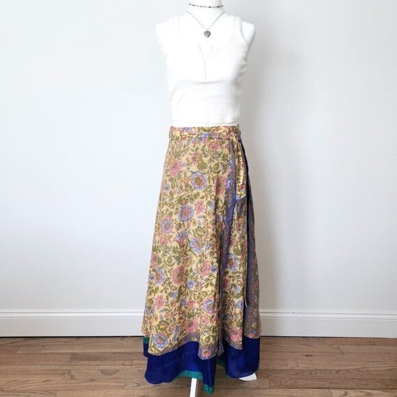 Vtg Silk Wrap Maxi Skirt Reversible Floral Yellow Multi India Sari Boho One Size - Picture 14 of 15